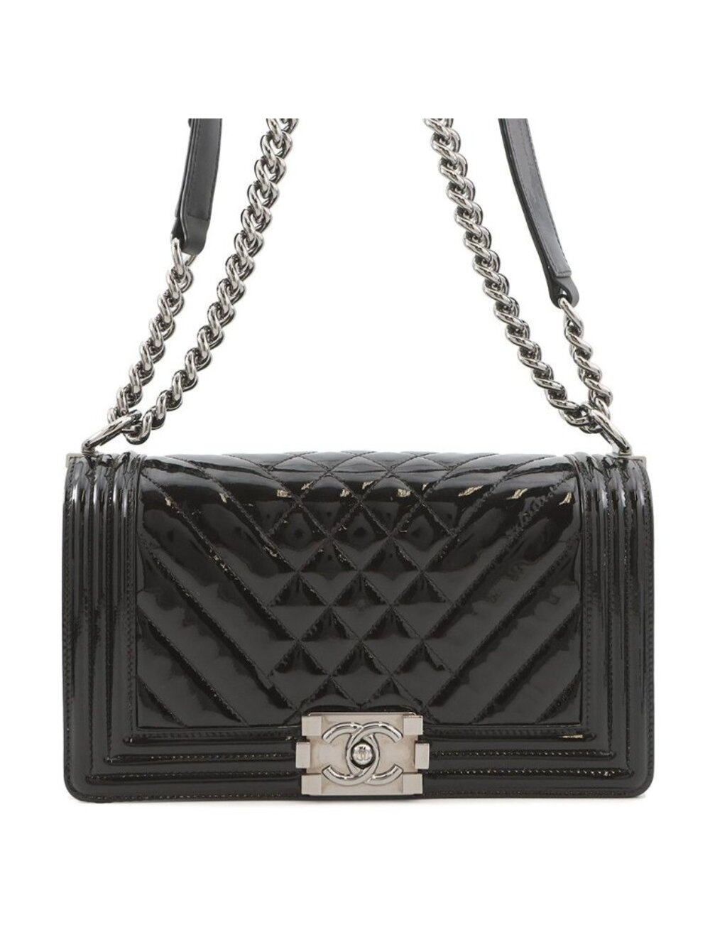 Chanel Chain Shoulder Bag Boy 25 Quilted CC Logo Patent Black